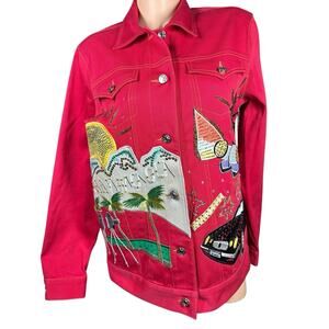 Diane Gilman Red Denim Jean Jacket Hollywood Star Sequin Embroidered Rhinestones